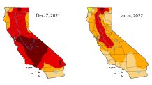 These maps show drought conditions in California in early December 2021 and the first week of January 2022.