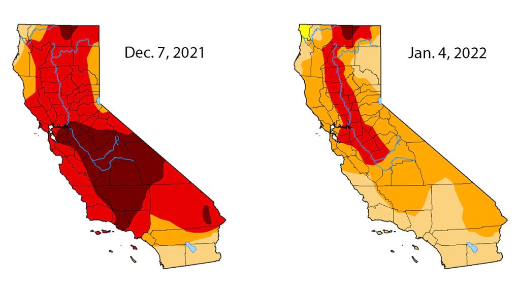 These maps show drought conditions in California in early December 2021 and the first week of January 2022.