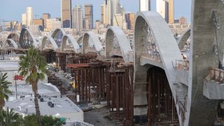 A view of the Sixth Street Viaduct project in January 2022.