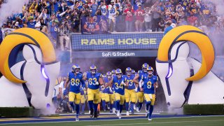 Fans cheer as the Los Angeles Rams take the field in the NFC Championships at SoFi Stadium on Sunday, Jan. 30, 2022 in Los Angeles, CA.