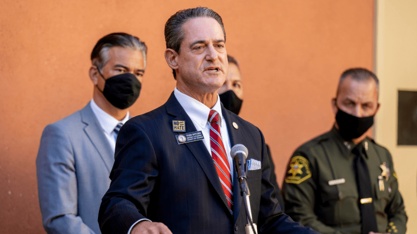SANTA ANA, CA – OCTOBER 26: Orange County District Attorney Todd Spitzer speaks to the media following a Hate Crimes Roundtable hosted by Santa Ana Mayor Vicente Sarmiento and State Attorney General Rob Bonta at the Delhi Center in Santa Ana on Tuesday, October 26, 2021. (Photo by Leonard Ortiz/MediaNews Group/Orange County Register via Getty Images)