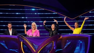 L-R: Panelists Robin Thicke, Jenny McCarthy, Ken Jeong and Nicole Scherzinger on "The Masked Singer"