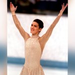 Nancy Kerrigan finishes her long performance at the 1994 Lillehammer Olympic Games, Feb. 25, 1994, in a costume designed by Vera Wang.