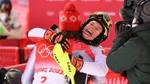 Petra Vlhova of Team Slovakia wins the gold medal, Katharina Liensberger of team Austria wins the silver medal during the Women's Slalom at the 2022 Winter Olympics on Feb. 9, 2022 ,in Yanqing, China.