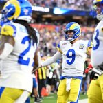 Los Angeles Rams quarterback Matthew Stafford (9) celebrates