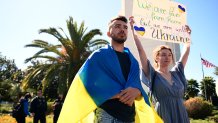 Demonstrators protest in support of Ukraine in Los Angeles.