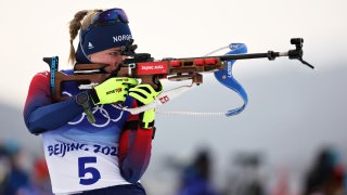Marte Olsbu Roeiseland of Team Norway shoots during Women's Biathlon 7.5km Sprint during the 2022 Winter Games, Feb. 11, 2022, in Zhangjiakou, China.