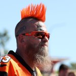 A Cincinnati Bengals fan looks on outside the stadium