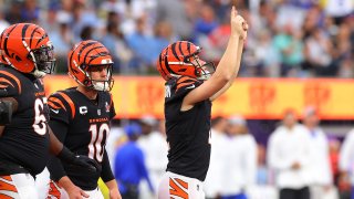 Evan McPherson #2 of the Cincinnati Bengals reacts after kicking a field goal