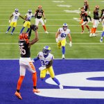 Tee Higgins #85 catches a touchdown pass