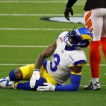 Odell Beckham Jr. #3 of the Los Angeles Rams lies on the ground after an injury