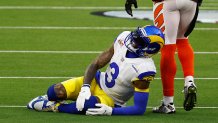 Odell Beckham Jr. #3 of the Los Angeles Rams lies on the ground after an injury