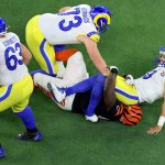 Matthew Stafford #9 of the Los Angeles Rams is sacked by D.J. Reader