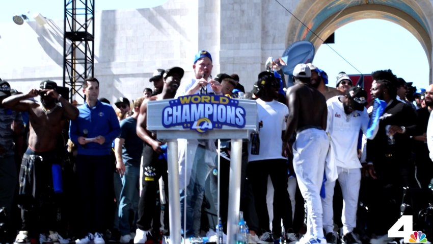Rams' General Manager Les Snead Gets Crowd Excited at Parade