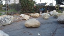 Boulders line a walkway in Koreatown.