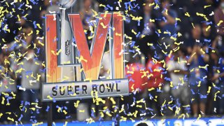 INGLEWOOD, CA – FEBRUARY 13: The Super Bowl LVI logo in a sea of confetti after the Los Angeles Rams defeated the Cincinnati Bengals 23-20 in Super Bowl LVI on February 13, 2022, at SoFi Stadium in Inglewood, CA. (Photo by Brian Rothmuller/Icon Sportswire via Getty Images)