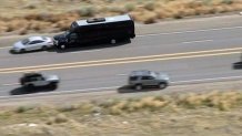 A stolen limo party bus rear-ends a car on Highway 138 north of Los Angeles.
