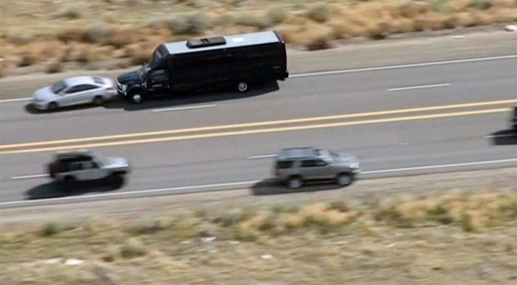 A stolen limo party bus rear-ends a car on Highway 138 north of Los Angeles.