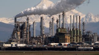 A general view shows Marathon Petroleum’s oil refinery, following Russia’s invasion of Ukraine, in Anacortes, Washington, March 9, 2022.