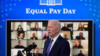 U.S. President Joe Biden speaks during an Equal Pay Day event gender wage gap