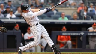 Luke Voit #59 of the New York Yankees in action against the Baltimore Orioles during a game at Yankee Stadium on Sept. 5, 2021, in New York City.