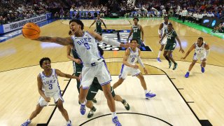 Paolo Banchero #5 of the Duke Blue Devils reaches for a rebound against the Michigan State Spartans in the first half during the second round of the 2022 NCAA Men's Basketball Tournament at Bon Secours Wellness Arena on March 20, 2022 in Greenville, South Carolina.
