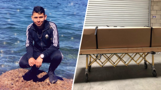 Left: An undated image of Miguel Anthony Rendón. Right: The box his body arrived in following his mysterious death.