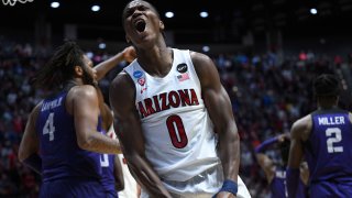 Arizona Wildcats guard Bennedict Mathurin (0) reacts after scoring in the overtime period against the TCU Horned Frogs during the second round of the 2022 NCAA Tournament at Viejas Arena.