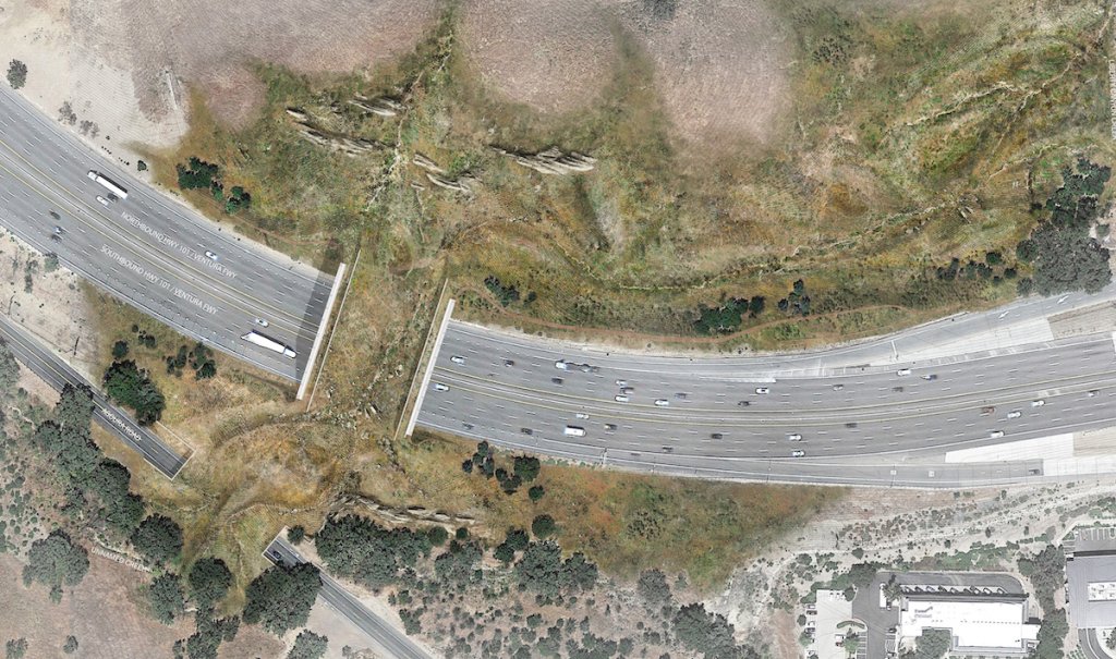 Questo rendering raffigura una fauna selvatica che attraversa la 101 Freeway vicino a Los Angeles.