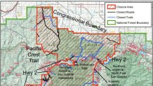 This map show the Bobcat Fire closure area in Angeles National Forest.