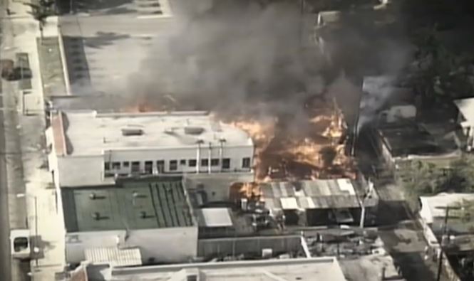 A building burns during the 1992 Los Angeles riots.