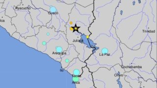 A USGS map shows where shaking from a magnitude-7.2 Peru earthquake was reported.