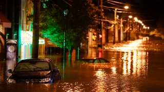 The Manayunk neighborhood in Philadelphia is flooded Thursday, Sept. 2, 2021, in the aftermath of downpours and high winds from the remnants of Hurricane Ida