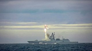 In this image taken from video released by Russian Defense Ministry Press Service on Saturday, May 28, 2022, a new Zircon hypersonic cruise missile is launched by the frigate Admiral Gorshkov of the Russian navy from the Barents Sea