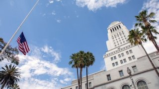 Flags are at half-staff Thursday May 12, 2022 at Los Angeles City Hall.