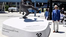 Los Angeles Dodgers unveil the Sandy Koufax statue in the Centerfield Plaza to honor the Hall of Famer and three-time Cy Young Award winner.