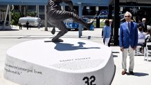 Los Angeles Dodgers unveil the Sandy Koufax statue in the Centerfield Plaza to honor the Hall of Famer and three-time Cy Young Award winner.