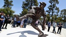 Los Angeles Dodgers unveil the Sandy Koufax statue in the Centerfield Plaza to honor the Hall of Famer and three-time Cy Young Award winner.
