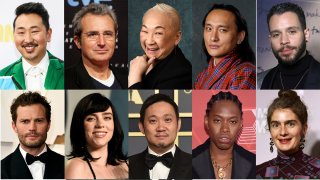 Andrew Ahn, Mariano Barroso, Lori Tan Chinn, Pawo Choyning Dorji, and Robin de Jesús, second row from left, Jamie Dornan, Billie Eilish, Ryusuke Hamaguchi , Jeremy O. Harris, and Gaby Hoffmann.