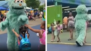 Right: Two Black girls extend their hands toward a performer playing Rosita from Sesame Street. Left: The performer seems to hug another girl after ignoring the Black girls.