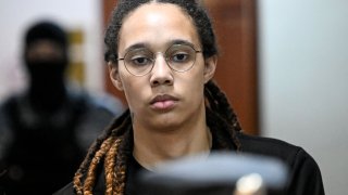 US WNBA basketball superstar Brittney Griner arrives to a hearing at the Khimki Court, outside Moscow on July 27, 2022. 