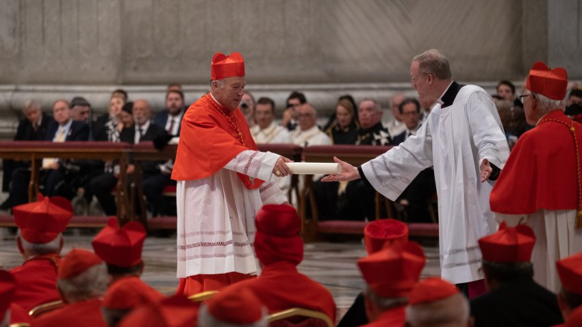 Newly appointed Cardinal Bishop of San Diego Robert McElroy as he returns to his seat in Saint Peter’s Basilica during the Consistory Installation on August 27, 2022 in Vatican City, Vatican.