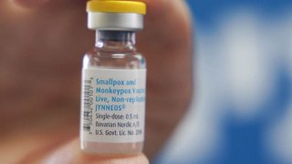 A health worker handles a vial of the Bavarian Nordic A/S Jynneos monkeypox vaccine at the Calit Medical Center in Tel Aviv, Israel on Sunday, July 31, 2022. As health authorities all over the globe search for ways to stop the monkeypox outbreak, investors are snapping up shares of companies that could benefit from the race to quell the disease. Photographer: Kobi Wolf/Bloomberg via Getty Images