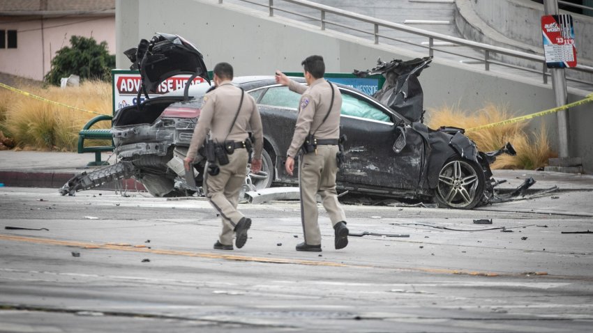 CHP and other officials investigate a fiery crash.