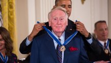 President Barack Obama awarded the Presidential Medal of Freedom to Vin Scully, Dodgers legendary sportscaster. (Photo by Cheriss May/NurPhoto via Getty Images)