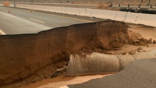A stretch of the 10 Freeway damaged in a storm Aug. 24, 2022 in California.