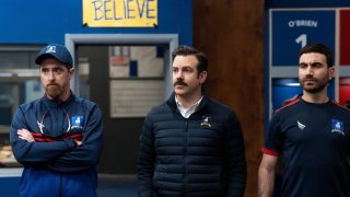 Brendan Hunt, Jason Sudeikis and Brett Goldstein star in AppleTV+’s “Ted Lasso.”