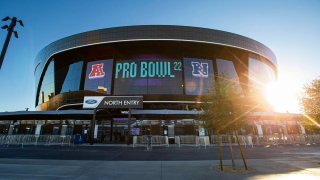 Signage for the NFL Pro Bowl is seen at Allegiant Stadium on Sunday, Feb. 6, 2022, in Las Vegas. (Chase Stevens/Las Vegas Review-Journal/Tribune News Service via Getty Images)