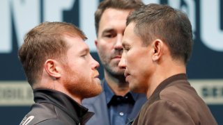 Undisputed super middleweight boxer Canelo Alvarez (L) faces off with Gennadiy Golovkin.
