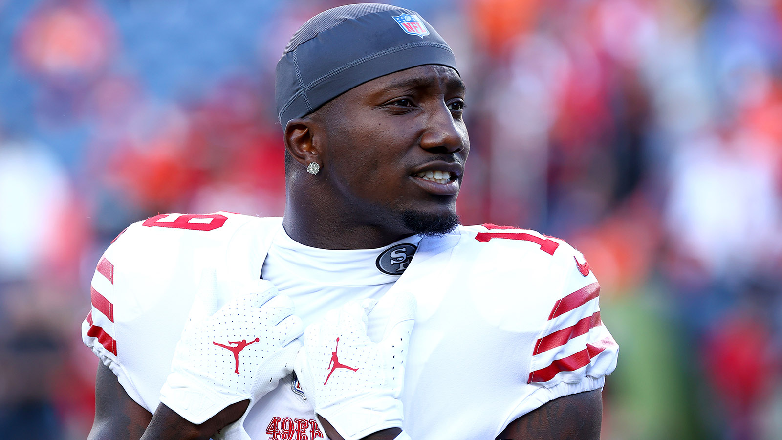 Deebo Samuel of the San Francisco 49ers reacts after a play against News  Photo - Getty Images